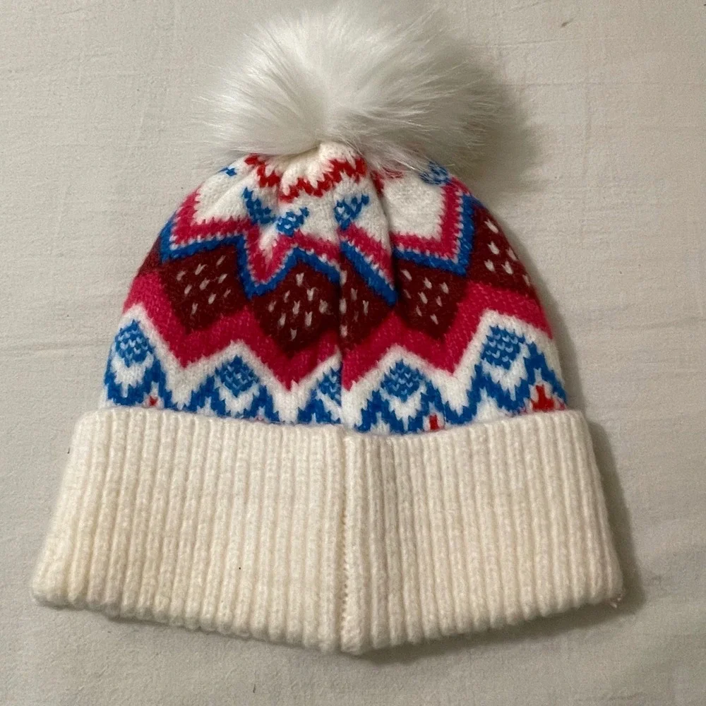 LOFT Fair Isle Pom Beanie Hat‎ Winter Knit Cap Colorful Womens Warm